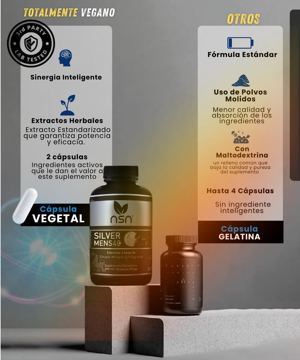 NSN | Silver Mens | Suplemen untuk Pria 40+ | Prem Afrika, Ginseng, Maca Hitam | 100 Kapsul — gambar 3